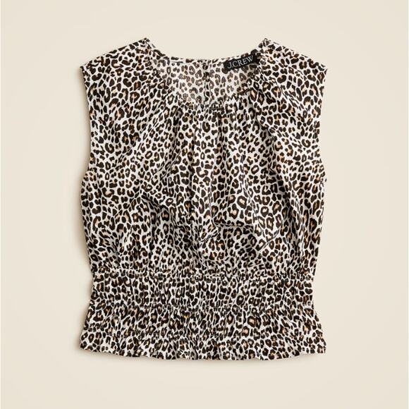 J.Crew Hyacinth Top M Tan Black Leopard Cotton Poplin Smocked Waist Sleeveless - Picture 2 of 6